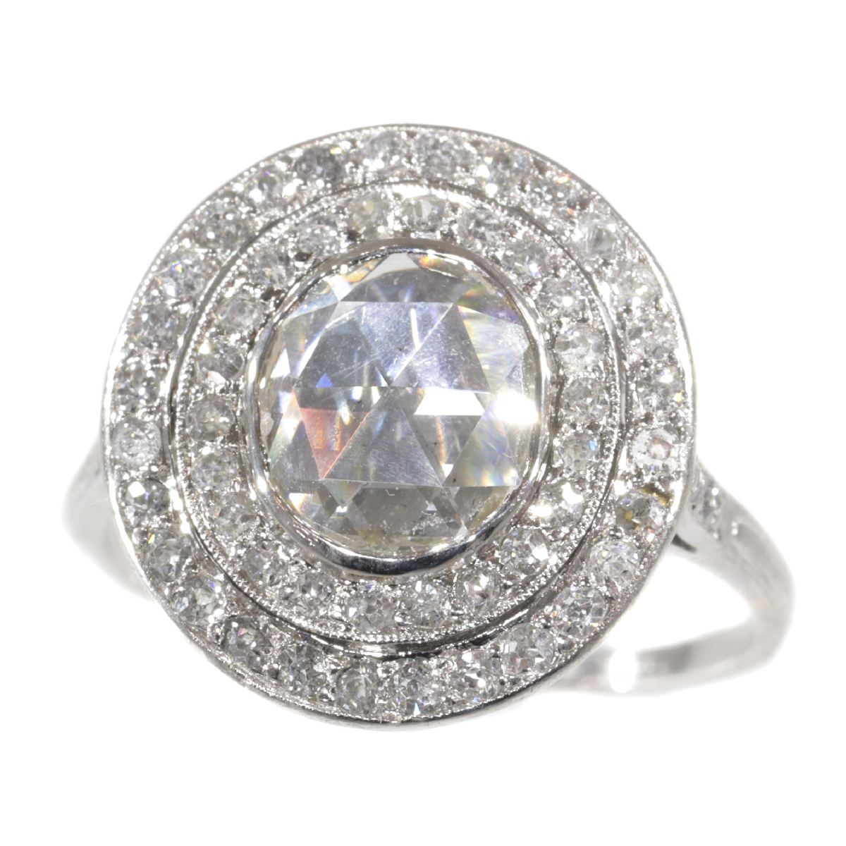 Art Deco platinum diamond engagement ring with large rose cut diamond